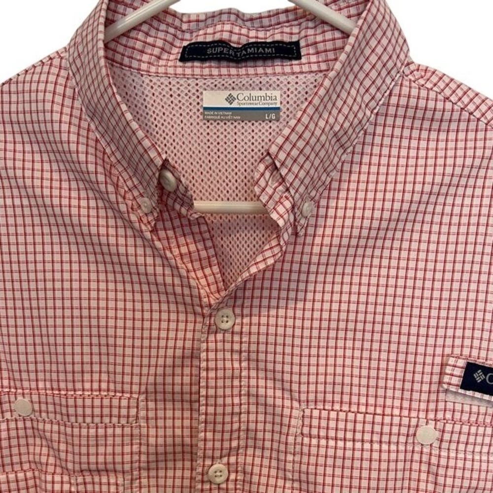 Columbia PFG Super Tamiami Shirt Large Men's Red White Plaid Fishing Long Sleeve